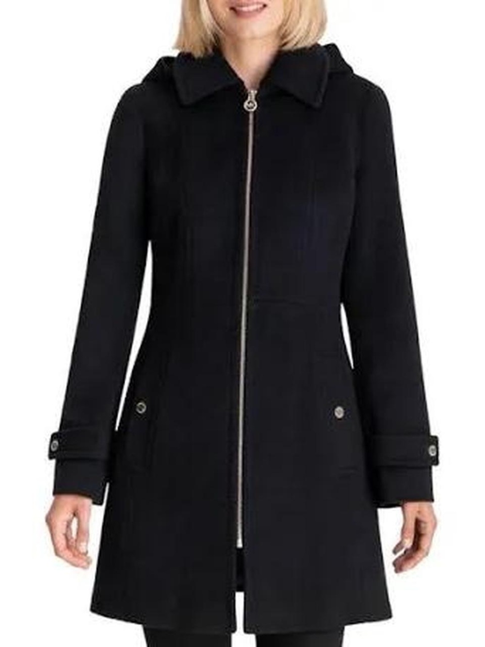 Michael Kors Black Zip-Front Wool Coat with Button Cuff Detail